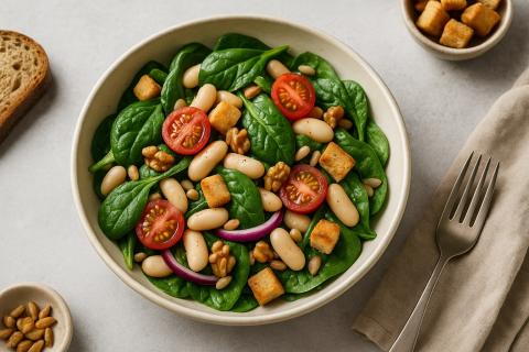 Салат из отварной красной фасоли и моркови получается питательным с чесноком и сухариками