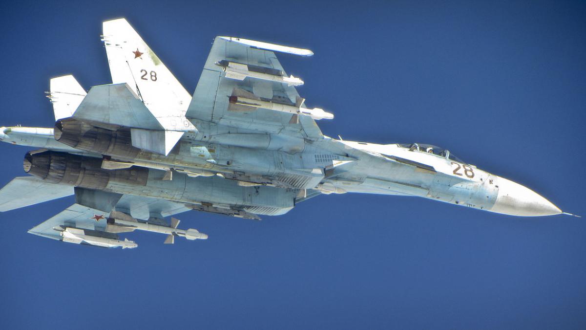 A Russian SU-27 Flanker aircraft photographed from a RAF Typhoon A Russian SU-27 Flanker aircraft photographed from a RAF Typhoon