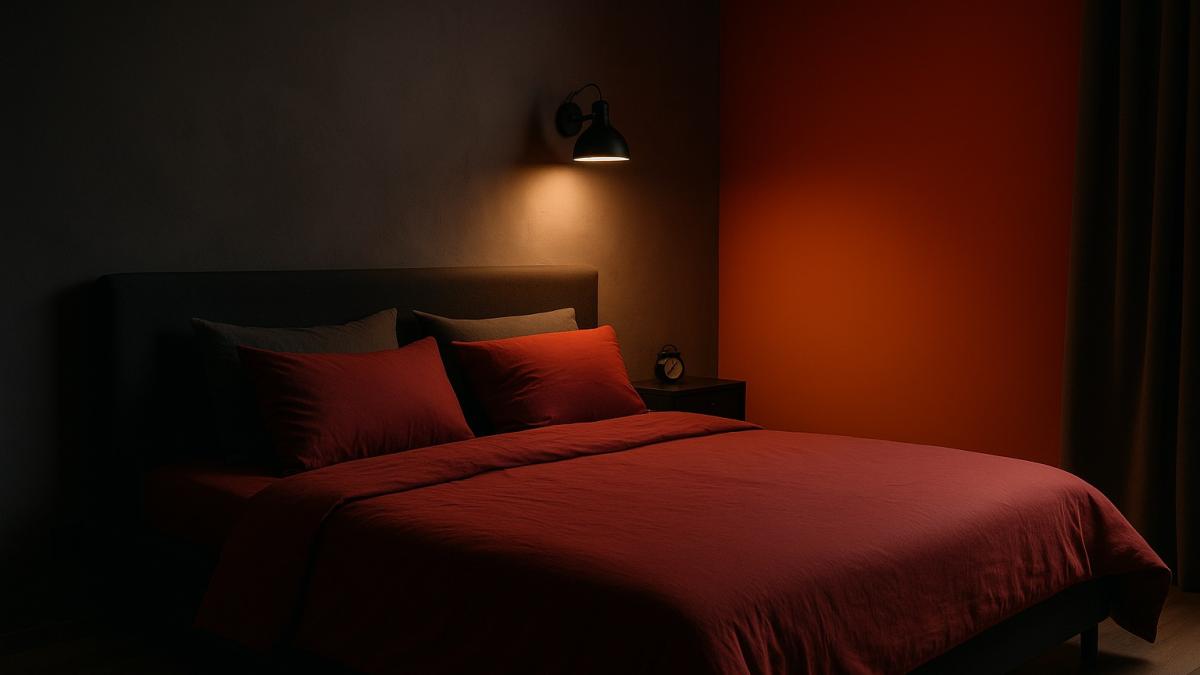 Ярко-красная спальня с тёмными стенами и освещением Ярко-красная спальня с тёмными стенами и освещением