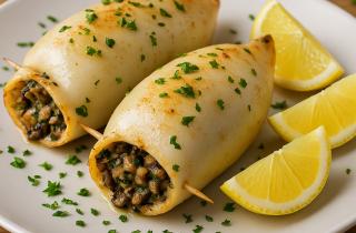 Кальмары, фаршированные фетой и овощами, запекаются в духовке до нежности за 15–20 минут