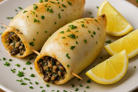 Кальмары, фаршированные фетой и овощами, запекаются в духовке до нежности за 15–20 минут