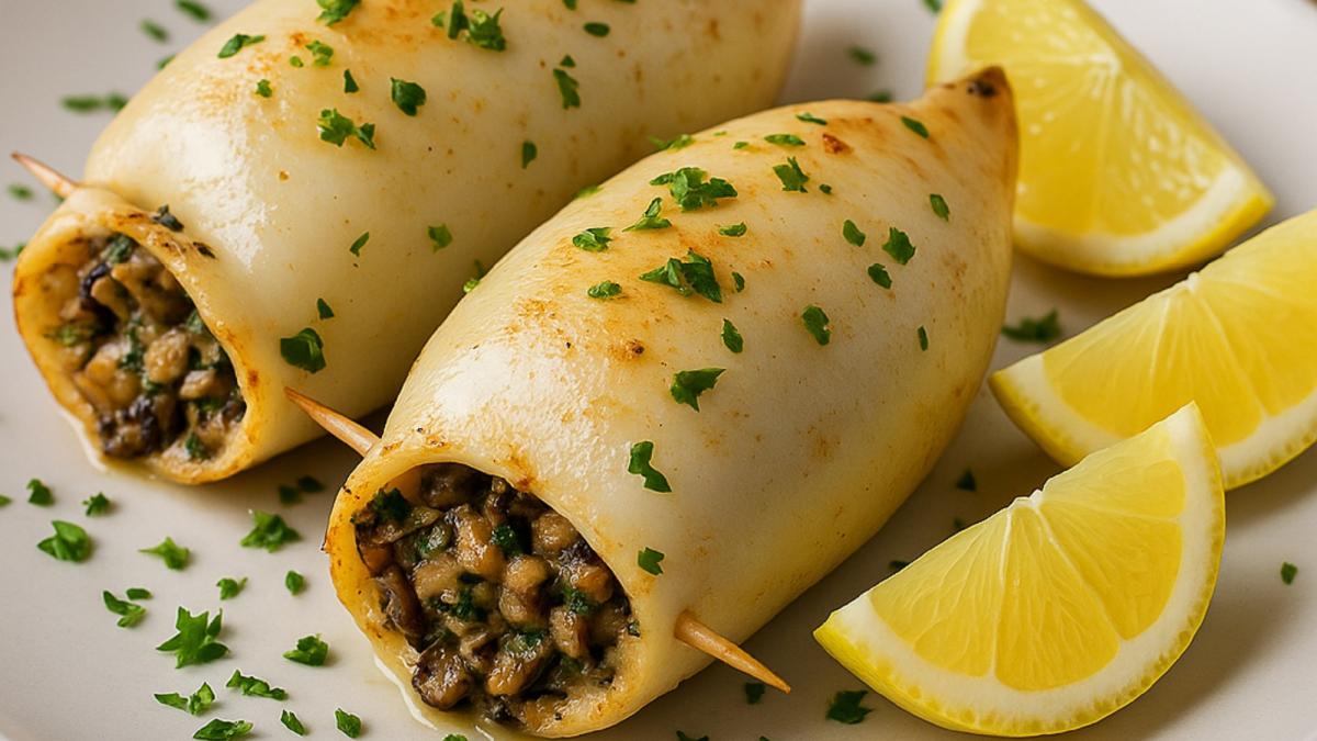Фаршированные кальмары с грибами и сыром
