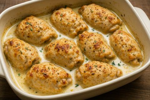 Курица в сметанном соусе при запекании в духовке сохраняет сочность мяса