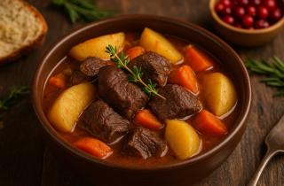 Тушёное мясо с картофелем и овощами в соусе сохраняет сочность и аромат при медленном приготовлении