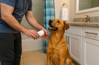 Собака Артуро переняла утренние привычки хозяев и ждёт свою очередь в ванной