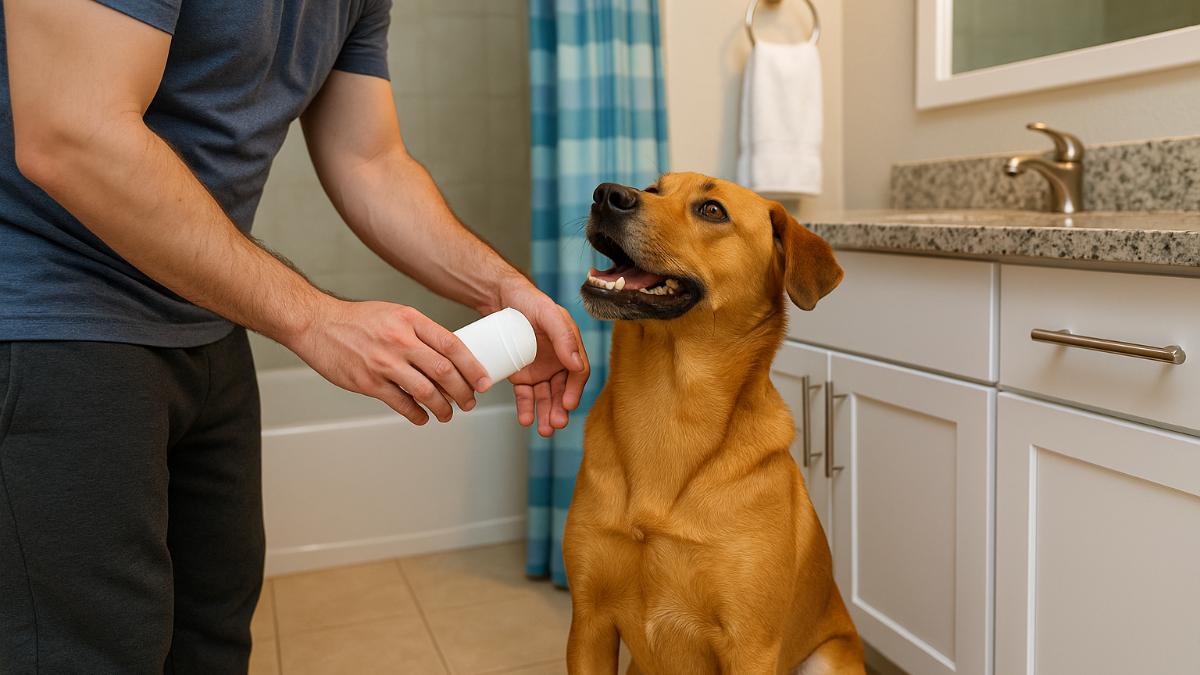 Пес Артуро ждет очередь в ванную