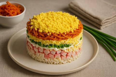 Слоеный салат с крабовыми палочками и майонезом подходит для праздничного стола — повар