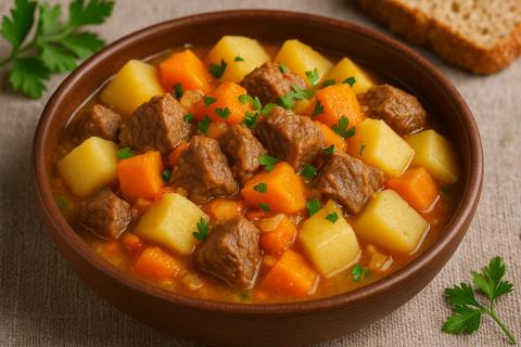 Говядина с картошкой и шампиньонами в духовке получается сочной