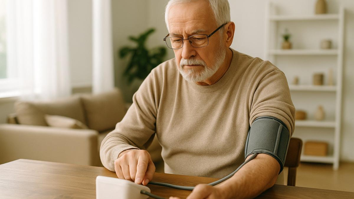 Пенсионер измеряет давление