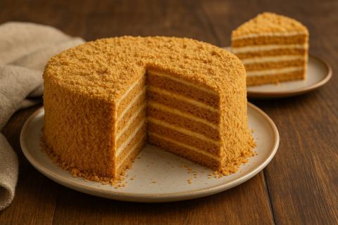 Домашний торт Коровка с арахисом и варёной сгущёнкой сохраняет нежную текстуру