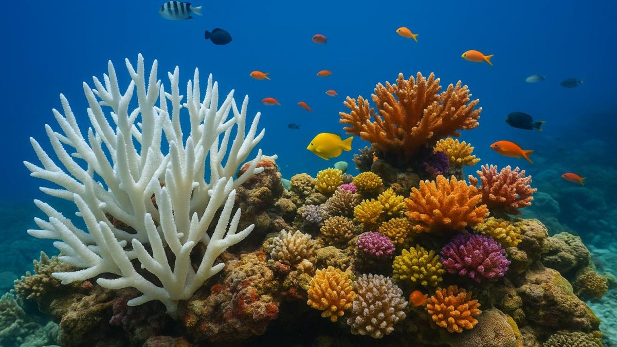 Контраст живых и обесцвеченных кораллов Контраст живых и обесцвеченных кораллов