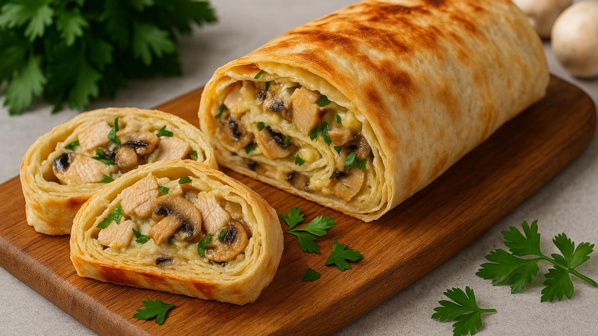 Рулет из лаваша с индейкой, грибами и сыром