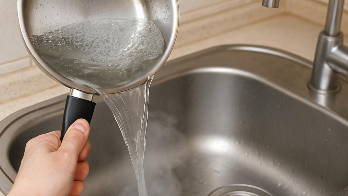 Человек выливает кипяток в раковину Человек выливает кипяток в раковину