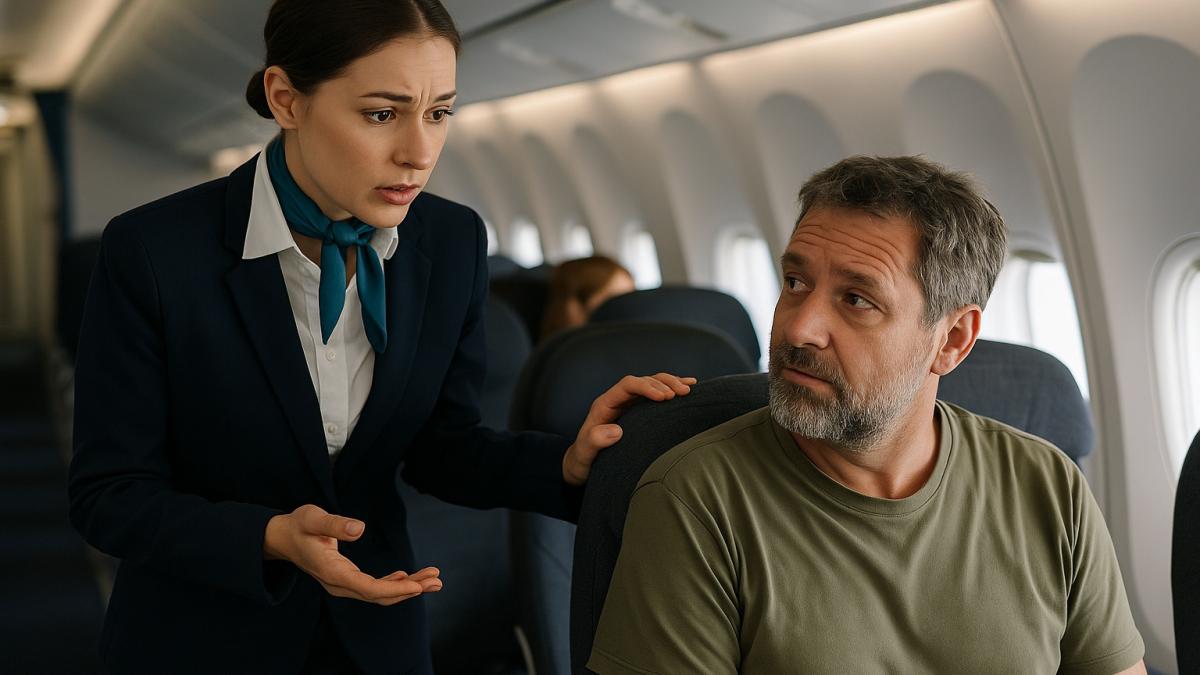 Стюардесса разговаривает с пассажиром