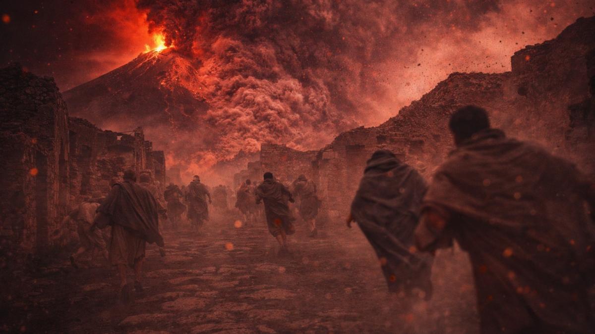 Бегство жителей во время извержения вулкана