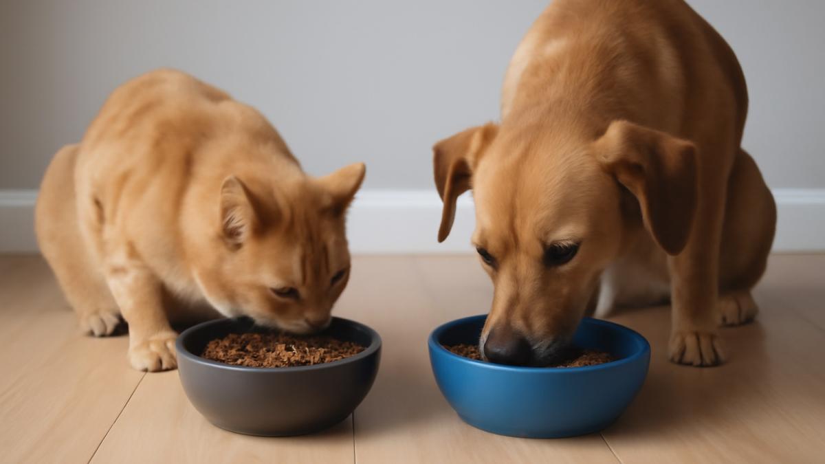 Кошка и собака едят из разных мисок