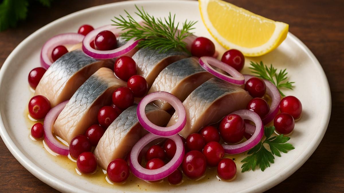 Солёная сельдь с луком и клюквой