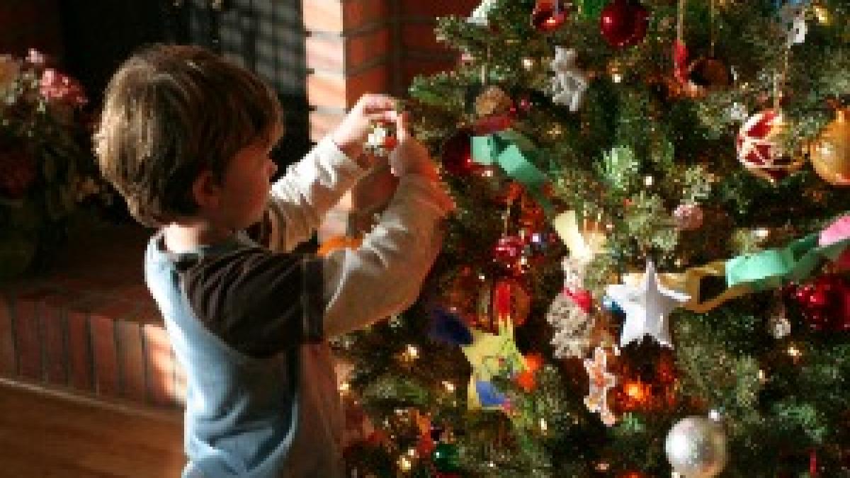 Boy decorating Christmas tree Boy decorating Christmas tree