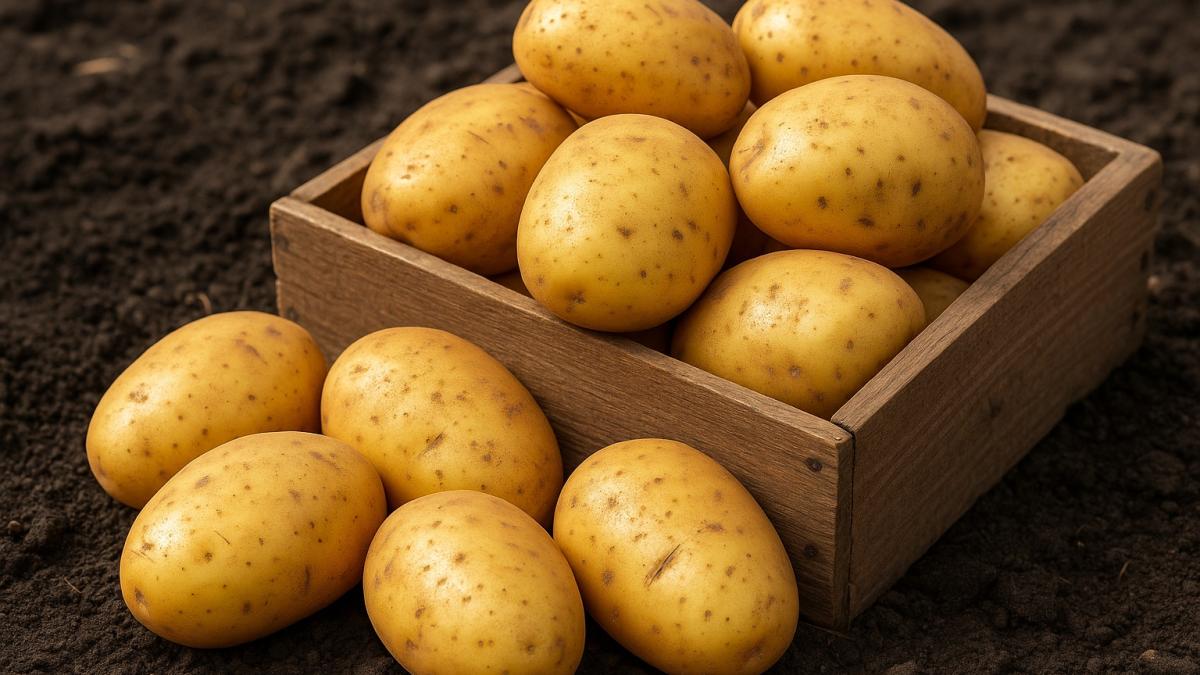 Картофель в деревянном ящике