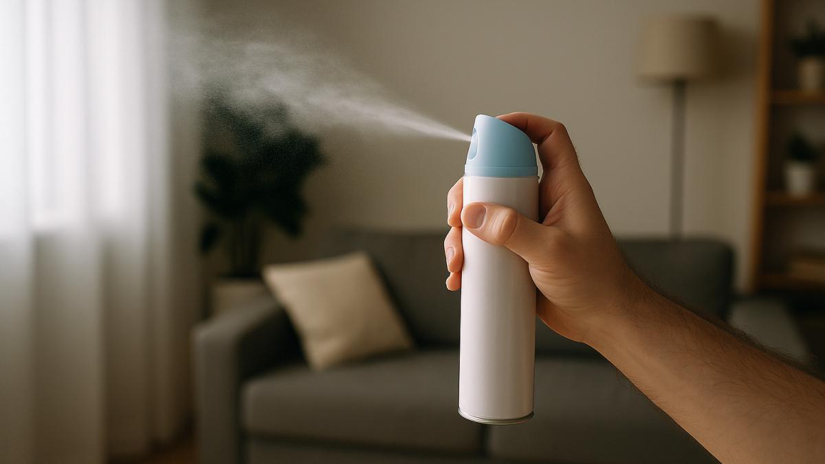 распыление освежителя воздуха в гостиной