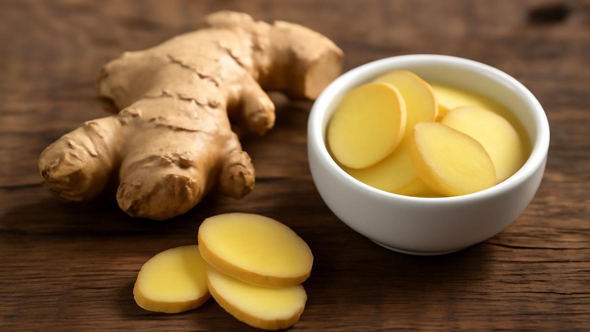 Свежий корень имбиря и нарезанные ломтики