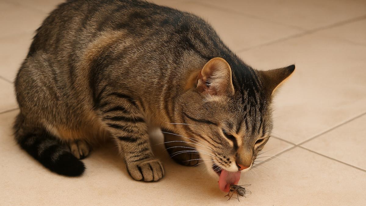Кошка ест муху