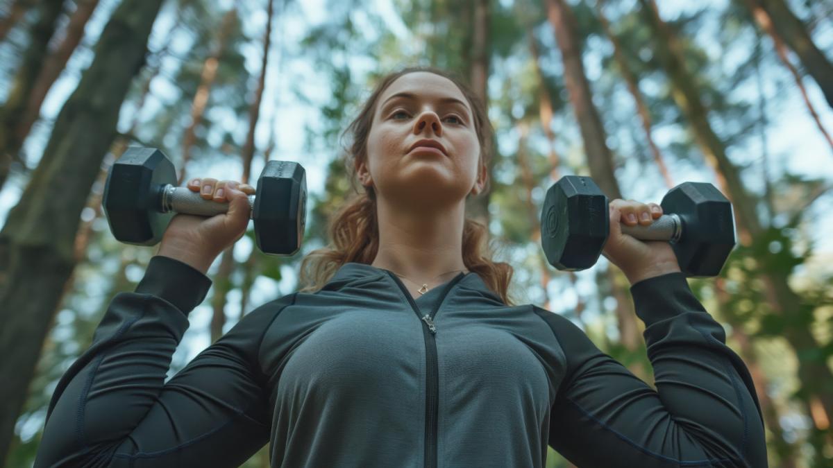 Девушка занимается с гантелями