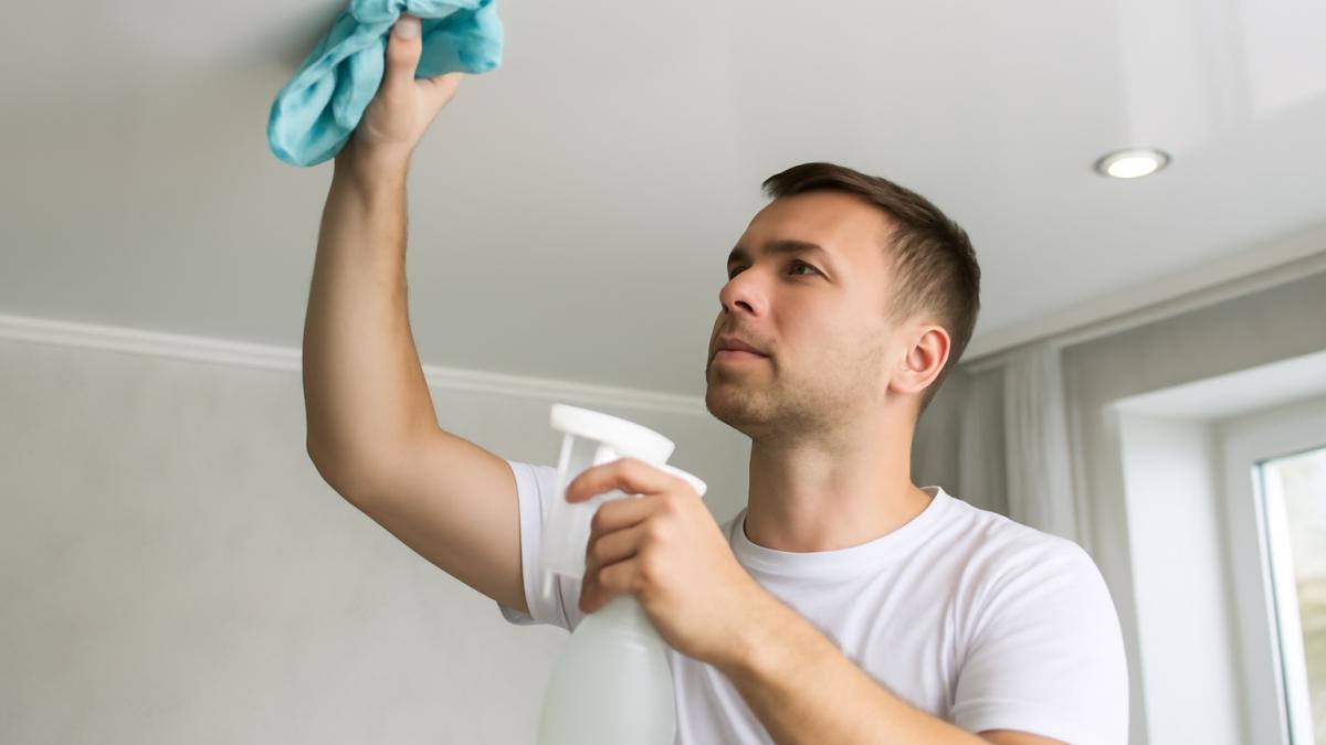 Мужчина моет натяжной потолок