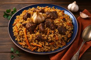 Ташкентские повара обжаривают плов до корочки
