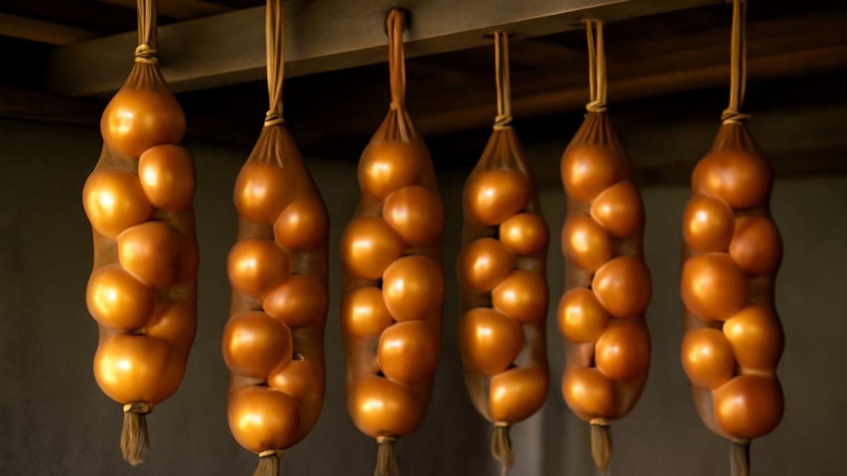 Лук, подвешенный в чулках