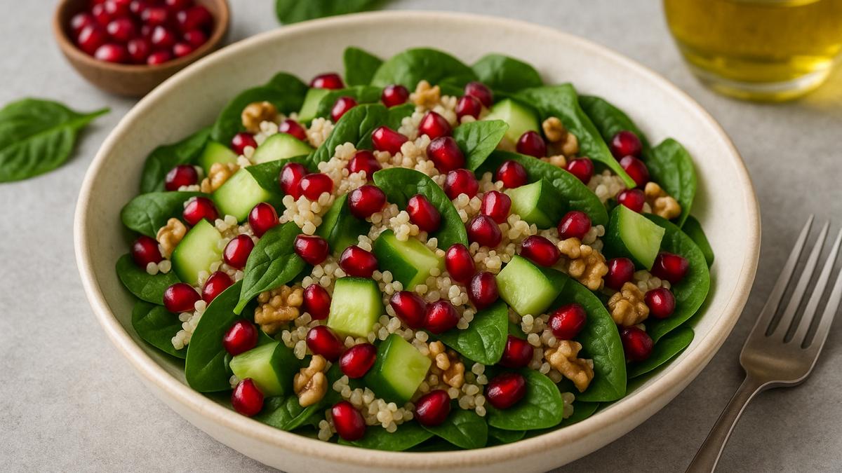 Салат с киноа, шпинатом и гранатом
