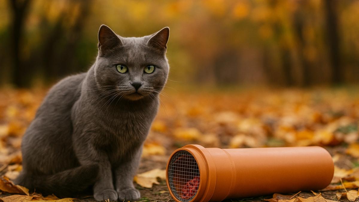 кошка рядом с трубой-ловушкой