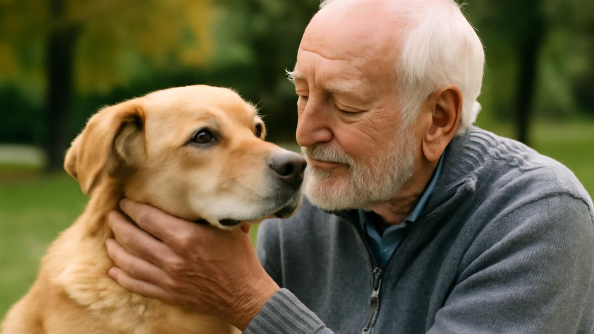 Пожилой мужчина с собакой в парке Пожилой мужчина с собакой в парке