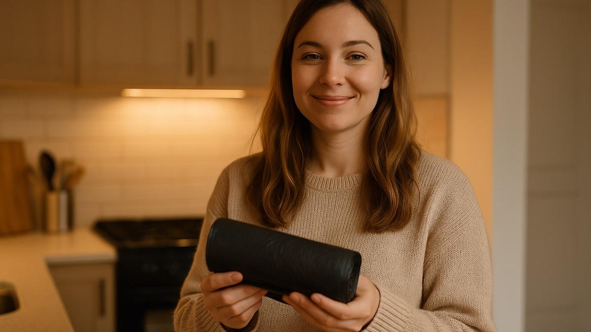 Девушка на кухне с мусорными пакетами Девушка на кухне с мусорными пакетами