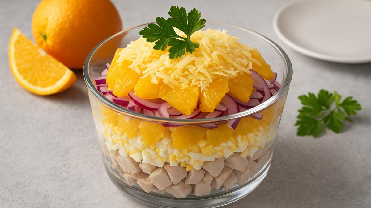 Слоёный салат с индейкой и апельсинами Слоёный салат с индейкой и апельсинами