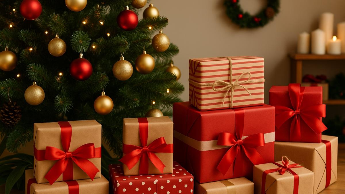 Новогодние подарки у елки Новогодние подарки у елки