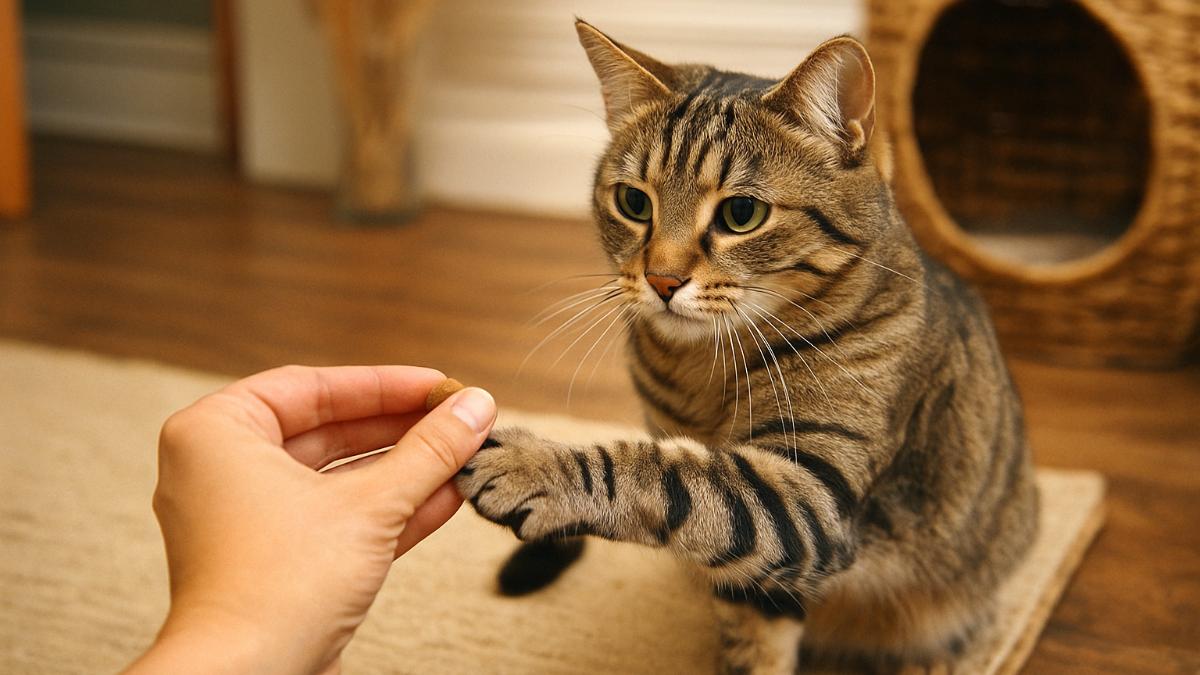 Кошка учится давать лапу Кошка учится давать лапу