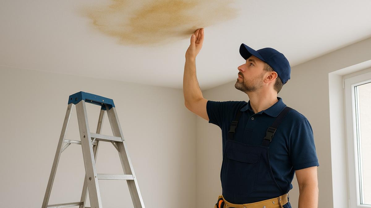 Мастер осматривает пятно от протечки Мастер осматривает пятно от протечки