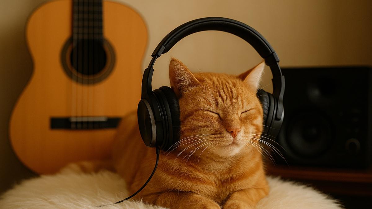 Кошка слушает музыку в наушниках Кошка слушает музыку в наушниках