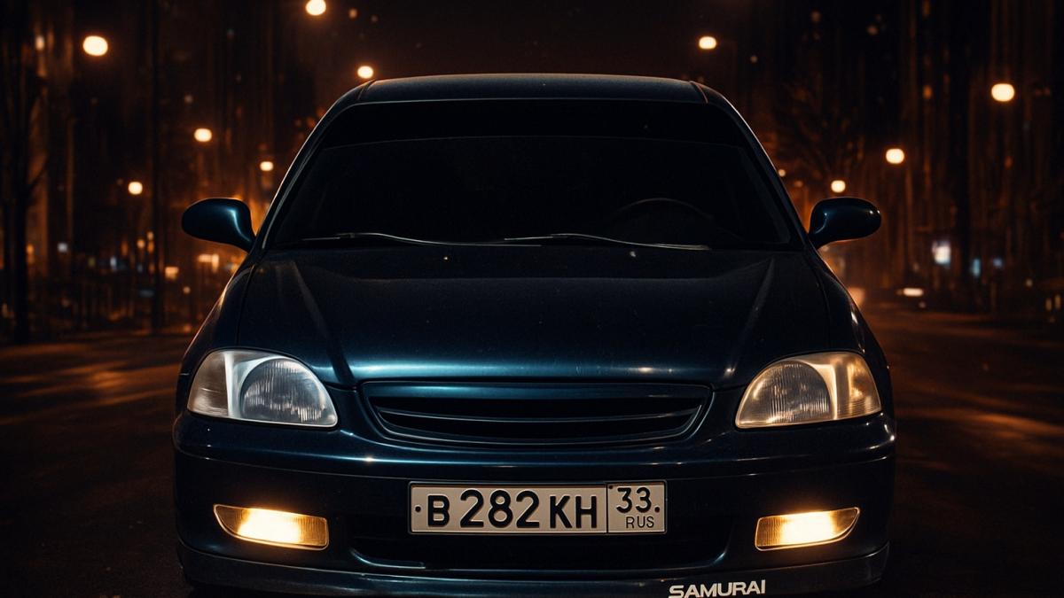 Синий автомобиль ночью в городе