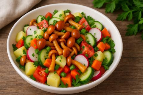 Салат Грибная поляна с курицей получается сытным