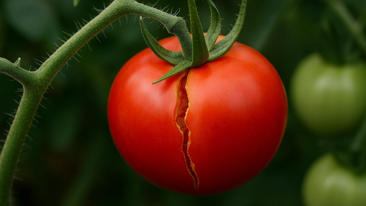 Треснувший помидор на ветке Треснувший помидор на ветке