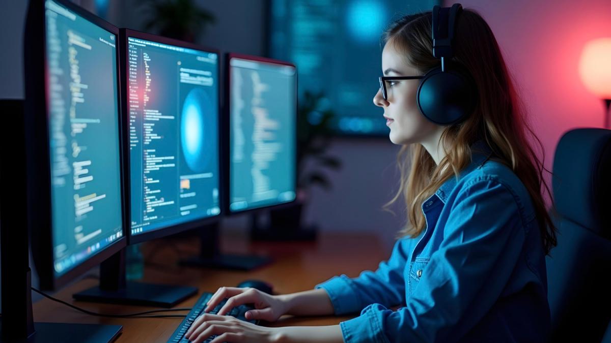 Женщина-программист, пишущая код ночью.