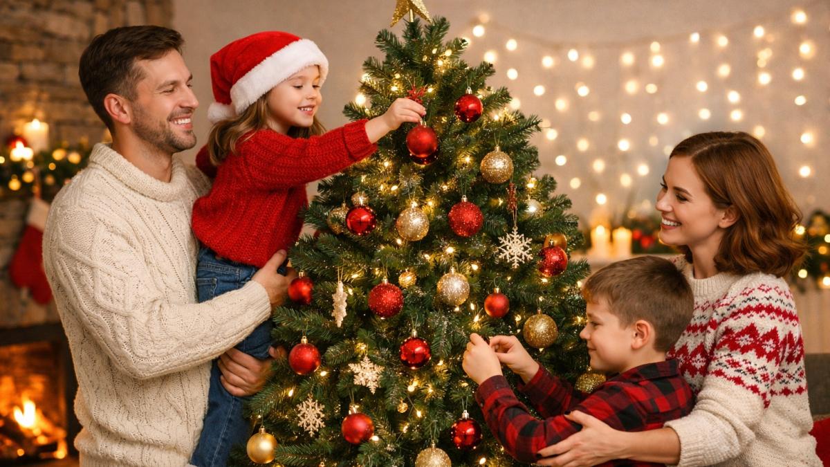 Семья украшает елку