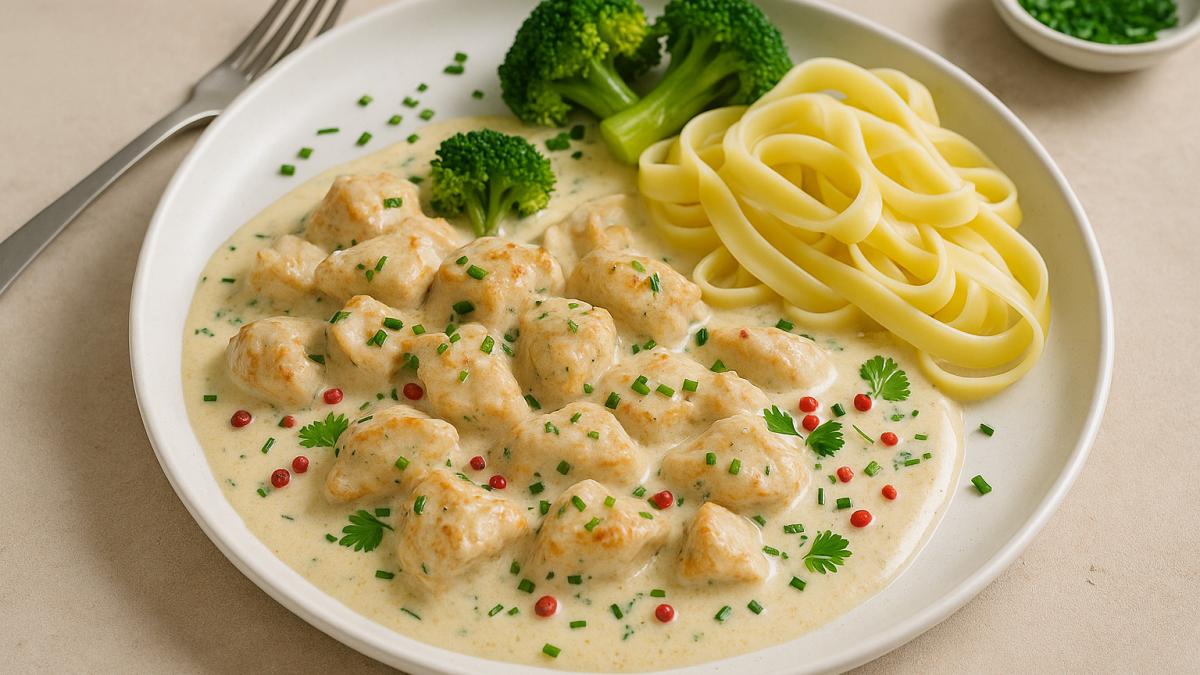 Курица в сливочном соусе с пастой и брокколи Курица в сливочном соусе с пастой и брокколи