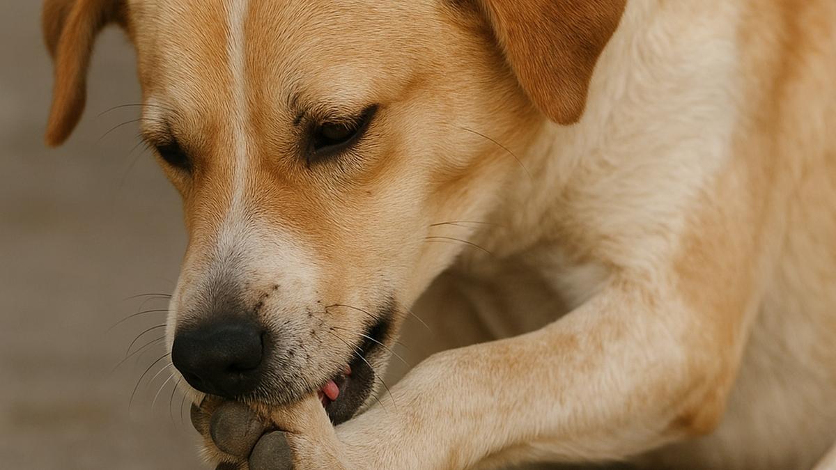собака грызет лапу