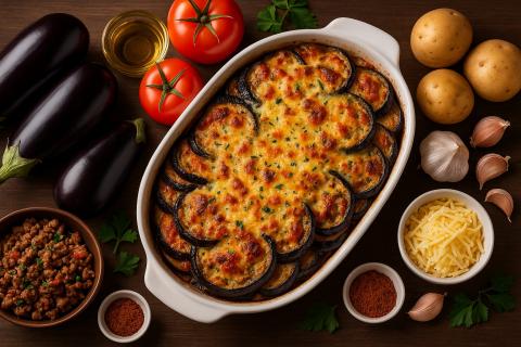 Мусака с баклажанами и картофелем получается сочной и ароматной
