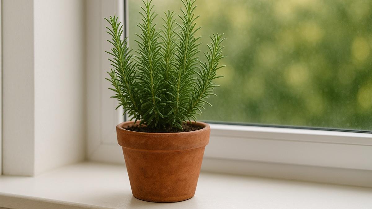 Розмарин в горшке на подоконнике