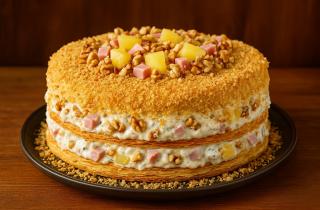 Слоеный закусочный торт с красной рыбой готовится из риса, яиц и крабовых палочек