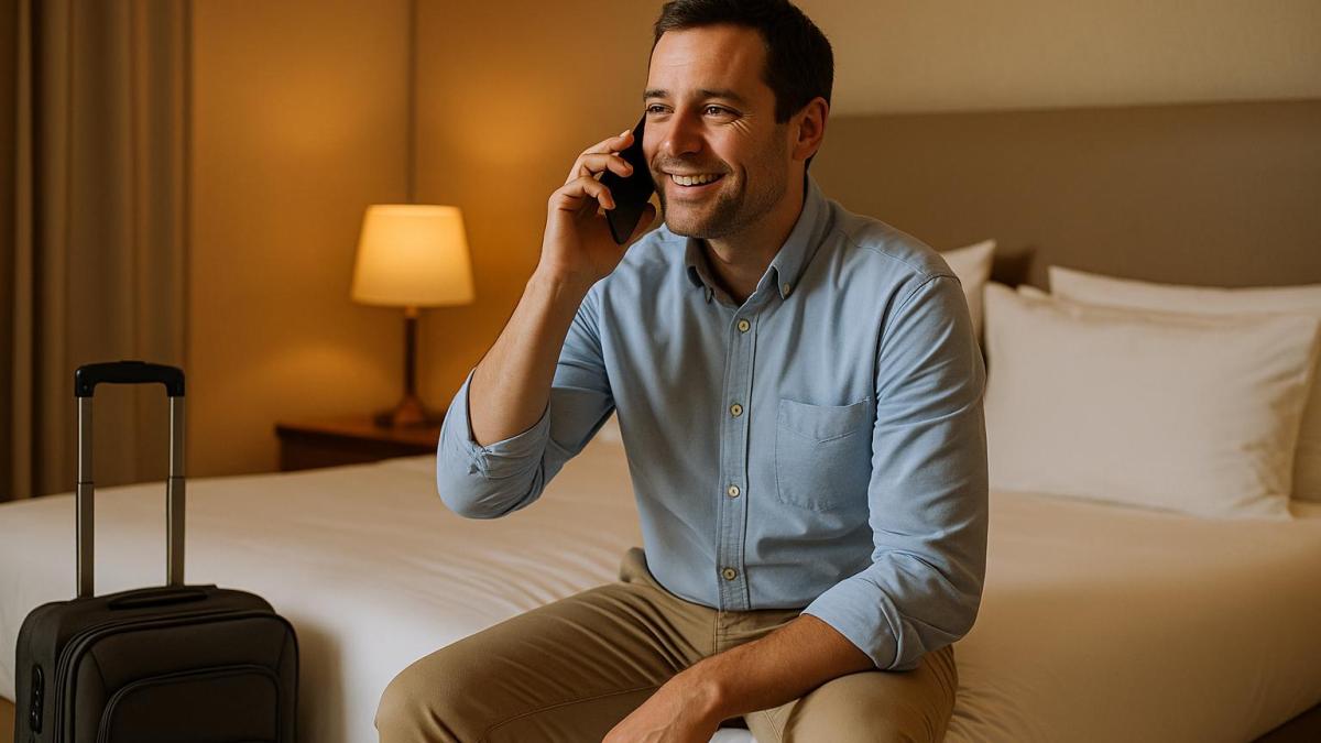 Турист в отеле по телефону